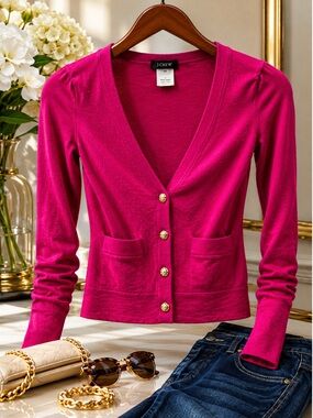 J. Crew Fuchsia Button-Front V-Neck Cardigan | Timeless & Vibrant